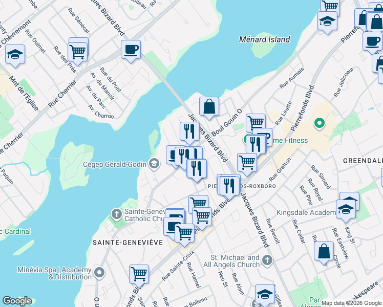 map of restaurants, bars, coffee shops, grocery stores, and more near 15486 Boulevard Gouin Ouest in Montréal