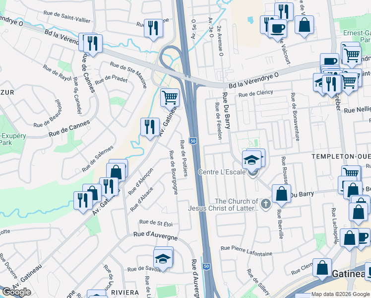 map of restaurants, bars, coffee shops, grocery stores, and more near 32 Rue de Poitiers in Gatineau