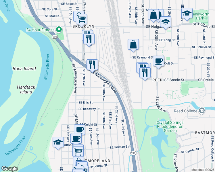 map of restaurants, bars, coffee shops, grocery stores, and more near 5341 Southeast McLoughlin Boulevard in Portland