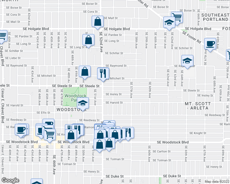 map of restaurants, bars, coffee shops, grocery stores, and more near 5306 Southeast 54th Avenue in Portland