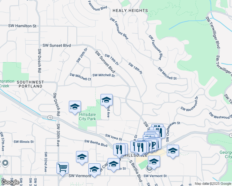 map of restaurants, bars, coffee shops, grocery stores, and more near 2210 Southwest Boundary Street in Portland