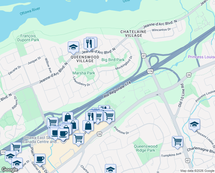 map of restaurants, bars, coffee shops, grocery stores, and more near 280 Pintail Terrace in Ottawa