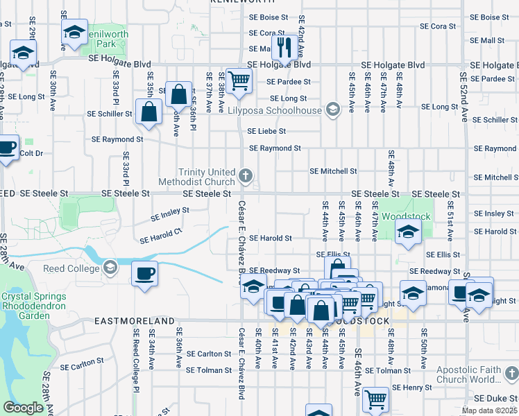 map of restaurants, bars, coffee shops, grocery stores, and more near 4005 Southeast Steele Street in Portland