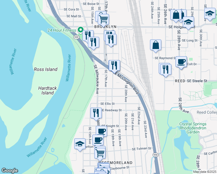 map of restaurants, bars, coffee shops, grocery stores, and more near 5319 Southeast 18th Avenue in Portland