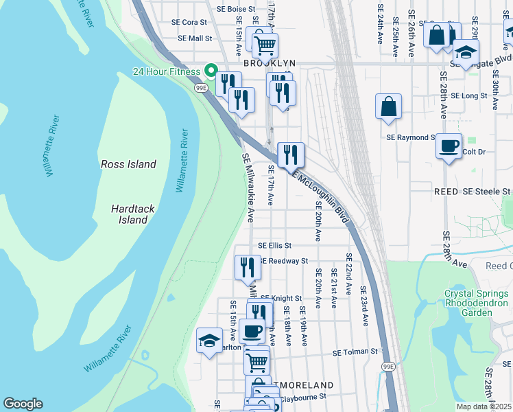 map of restaurants, bars, coffee shops, grocery stores, and more near in Portland