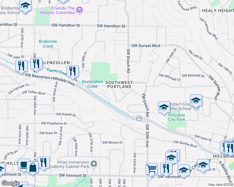 map of restaurants, bars, coffee shops, grocery stores, and more near 5324 Southwest 34th Place in Portland