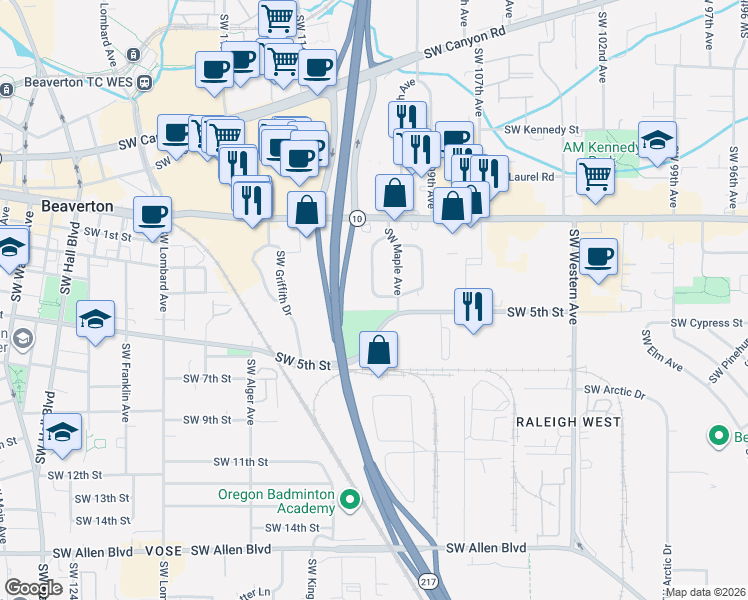 map of restaurants, bars, coffee shops, grocery stores, and more near 4837 Southwest Larch Drive in Beaverton