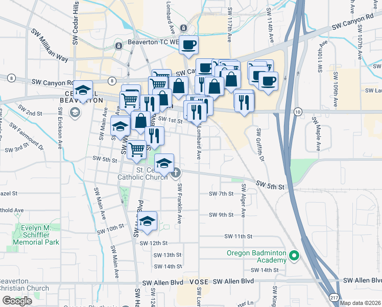 map of restaurants, bars, coffee shops, grocery stores, and more near in Beaverton