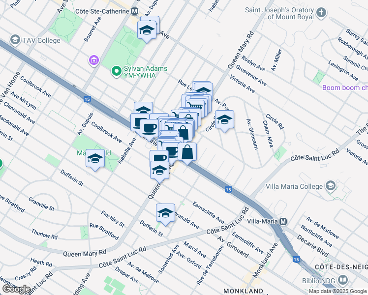 map of restaurants, bars, coffee shops, grocery stores, and more near 5248 Chemin Queen Mary in Montréal