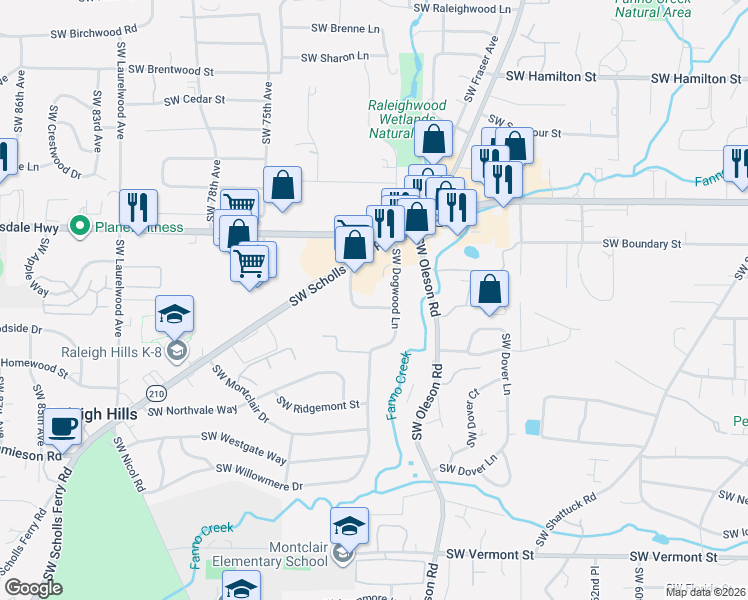 map of restaurants, bars, coffee shops, grocery stores, and more near 7021 Southwest Stephens Lane in Portland