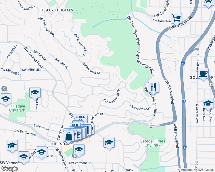 map of restaurants, bars, coffee shops, grocery stores, and more near 5420 Southwest Westwood View in Portland