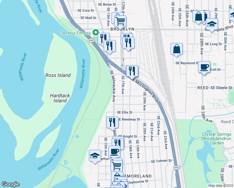 map of restaurants, bars, coffee shops, grocery stores, and more near 5340 Southeast Milwaukie Avenue in Portland
