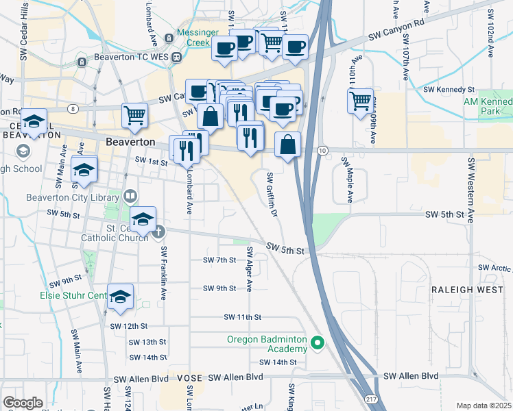 map of restaurants, bars, coffee shops, grocery stores, and more near 4905 Southwest Griffith Drive in Beaverton