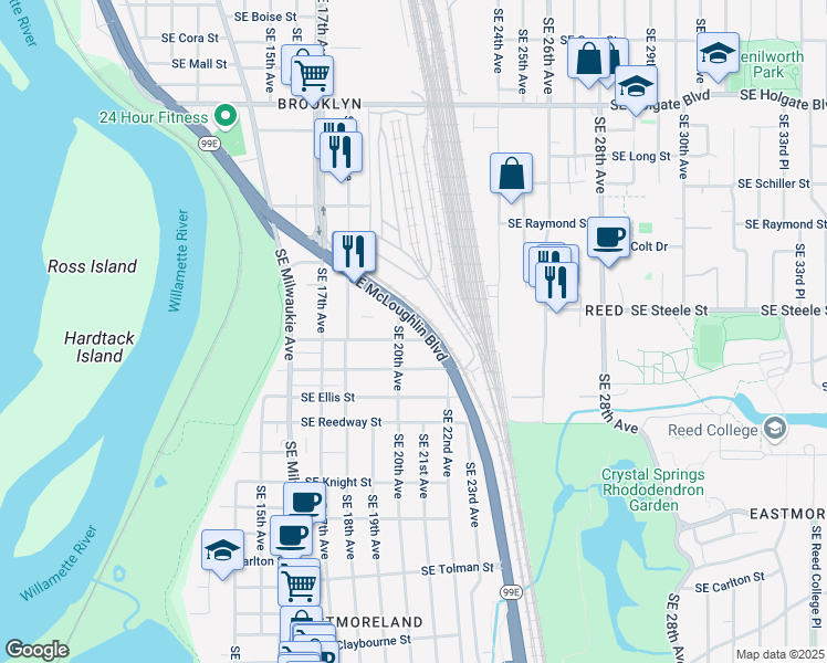 map of restaurants, bars, coffee shops, grocery stores, and more near 5341 Southeast McLoughlin Boulevard in Portland