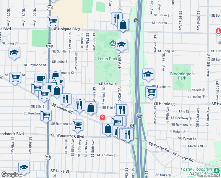 map of restaurants, bars, coffee shops, grocery stores, and more near 5345 Southeast 91st Avenue in Portland