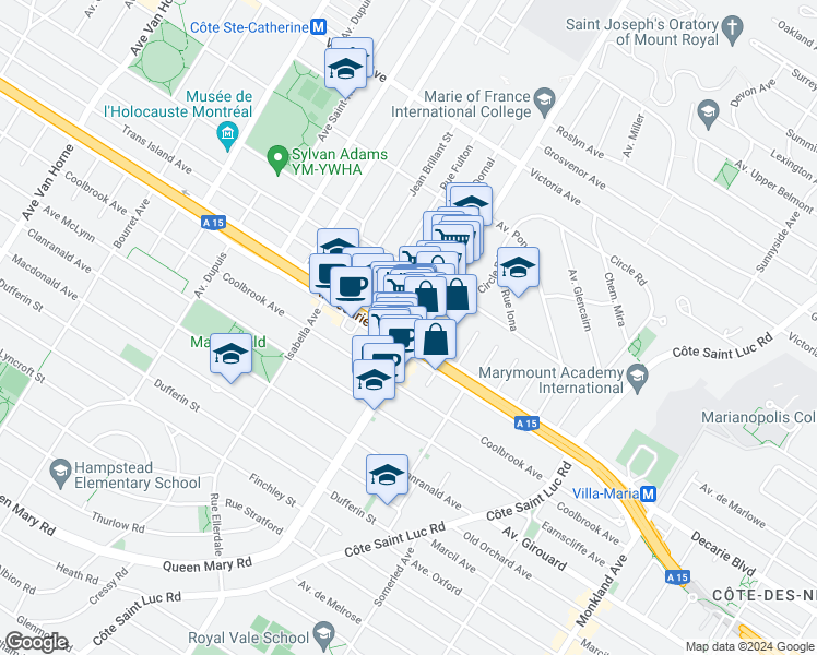 map of restaurants, bars, coffee shops, grocery stores, and more near 5285 Chemin Queen Mary in Montréal