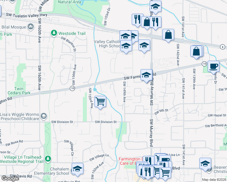 map of restaurants, bars, coffee shops, grocery stores, and more near 4880 Southwest 150th Place in Beaverton