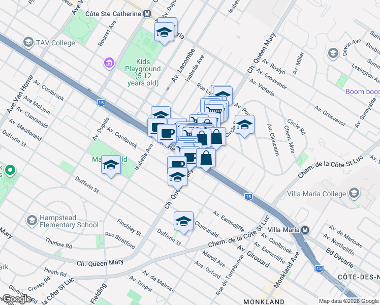 map of restaurants, bars, coffee shops, grocery stores, and more near 5131 Boulevard Décarie in Montréal