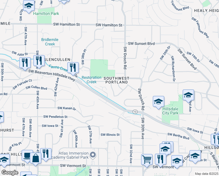 map of restaurants, bars, coffee shops, grocery stores, and more near 5337 Southwest 34th Place in Portland