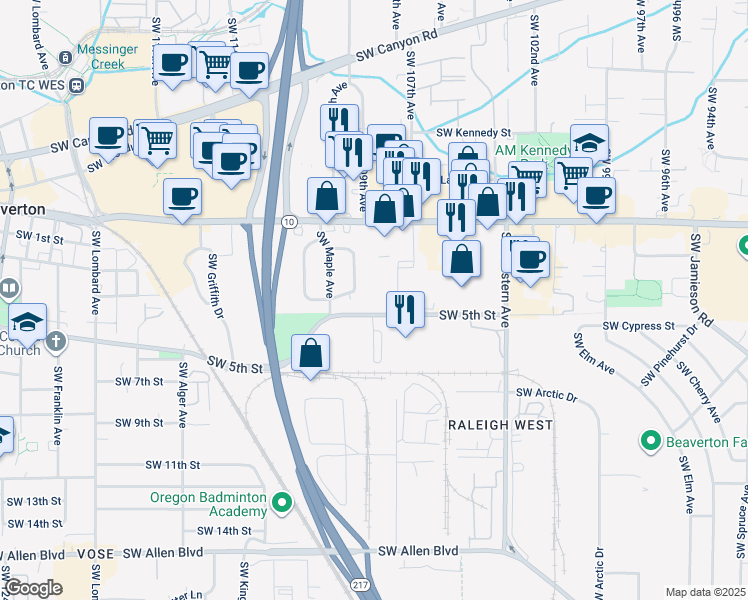 map of restaurants, bars, coffee shops, grocery stores, and more near 10865 Southwest 5th Street in Beaverton