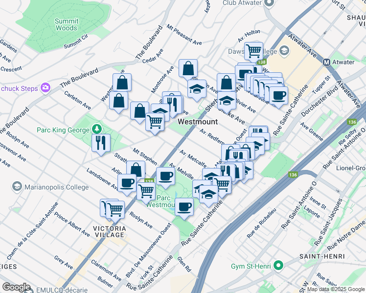 map of restaurants, bars, coffee shops, grocery stores, and more near 4444 Rue Sherbrooke Ouest in Westmount