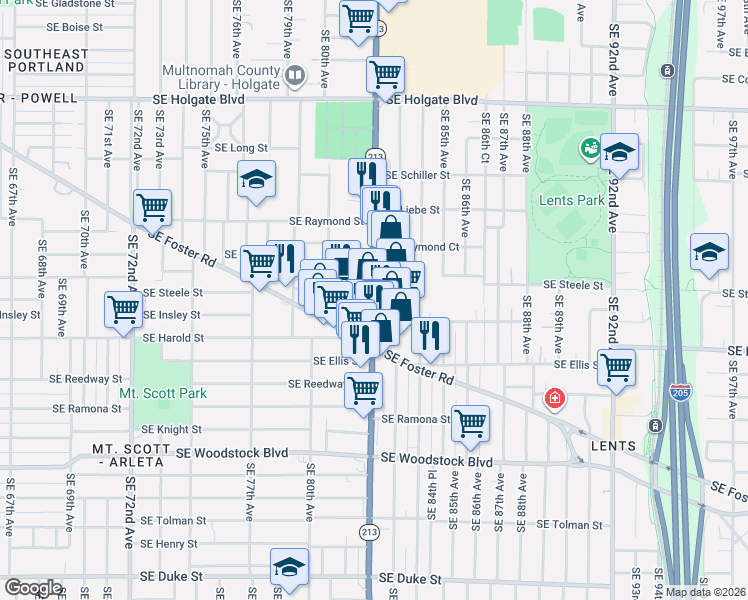map of restaurants, bars, coffee shops, grocery stores, and more near 5240 Oregon 213 in Portland