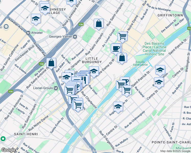 map of restaurants, bars, coffee shops, grocery stores, and more near 2290 Notre Dame Street West in Montreal