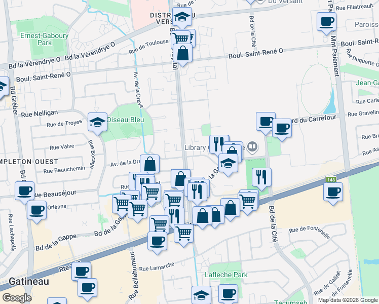 map of restaurants, bars, coffee shops, grocery stores, and more near 200 Boulevard de l'Hôpital in Gatineau