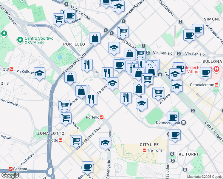 map of restaurants, bars, coffee shops, grocery stores, and more near 30 Via Gattamelata in Milano