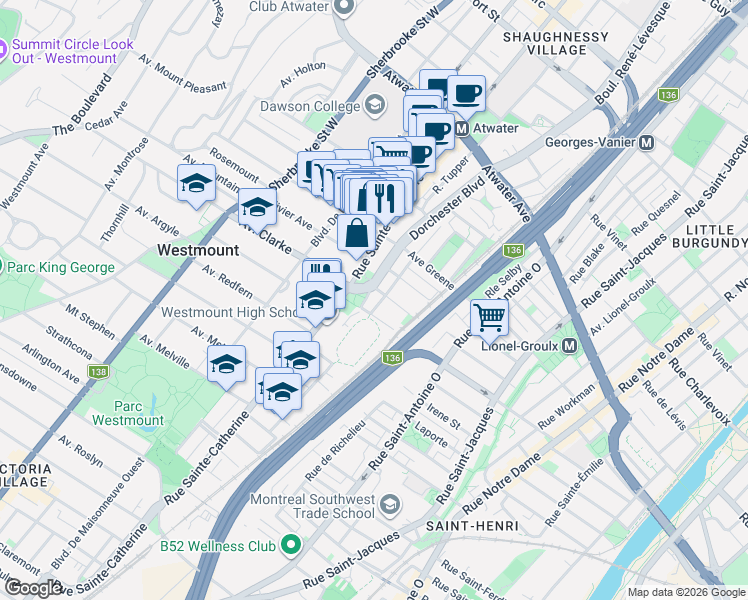 map of restaurants, bars, coffee shops, grocery stores, and more near 4282 Dorchester Boulevard in Westmount