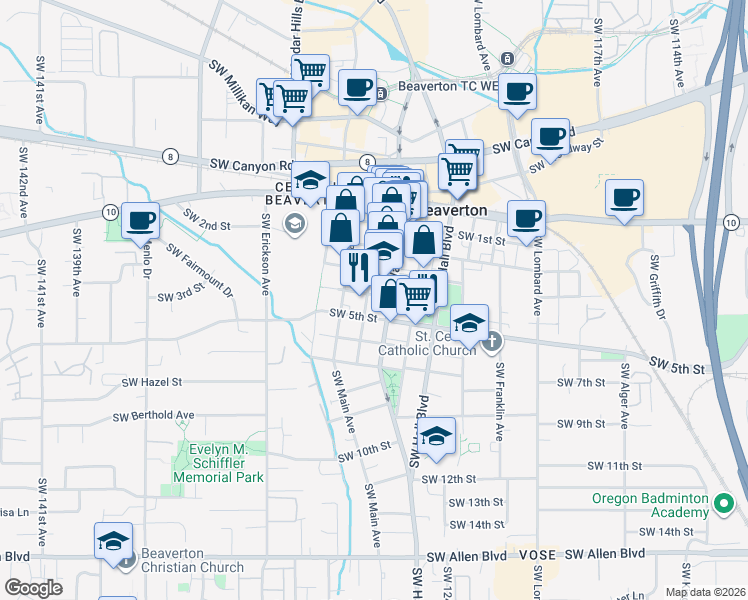 map of restaurants, bars, coffee shops, grocery stores, and more near 4900 Southwest Angel Street in Beaverton