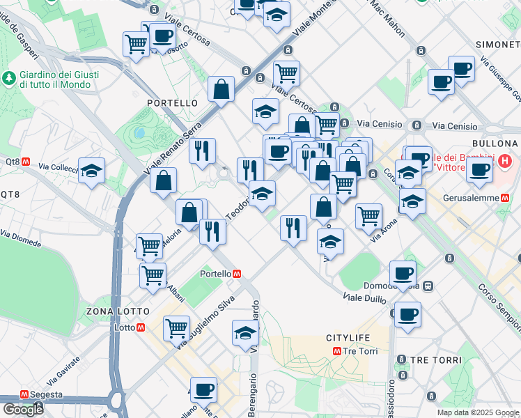 map of restaurants, bars, coffee shops, grocery stores, and more near 30 Via Gattamelata in Milano