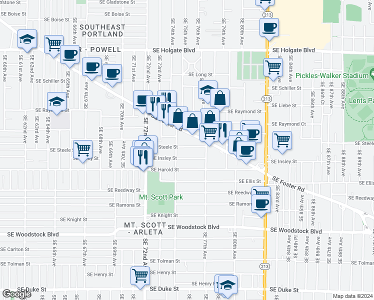 map of restaurants, bars, coffee shops, grocery stores, and more near 7508 Southeast Steele Street in Portland