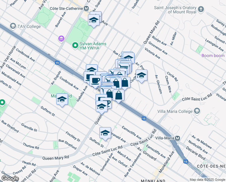 map of restaurants, bars, coffee shops, grocery stores, and more near 5257 Chemin Queen Mary in Montréal