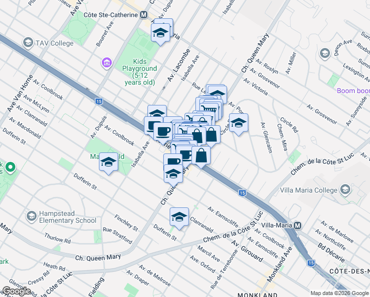 map of restaurants, bars, coffee shops, grocery stores, and more near 5131 Boulevard Décarie in Montréal