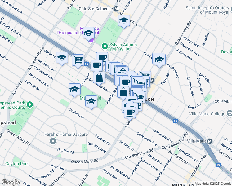 map of restaurants, bars, coffee shops, grocery stores, and more near 5285 Avenue Coolbrook in Montréal