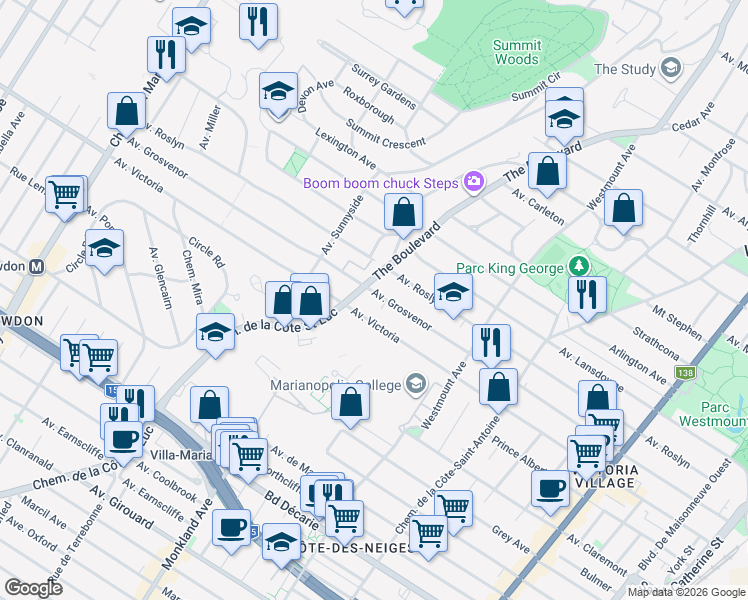 map of restaurants, bars, coffee shops, grocery stores, and more near in Westmount