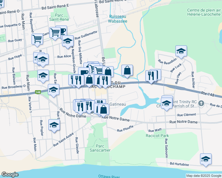 map of restaurants, bars, coffee shops, grocery stores, and more near 410 Boulevard Maloney Est in Gatineau