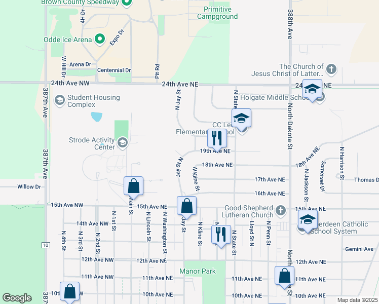 map of restaurants, bars, coffee shops, grocery stores, and more near Jay St N in Aberdeen