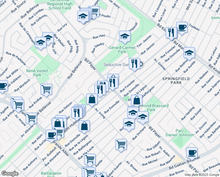 map of restaurants, bars, coffee shops, grocery stores, and more near 5321 Boulevard Payer in Longueuil