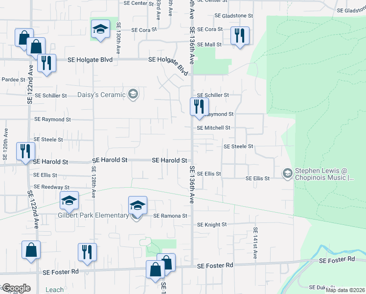 map of restaurants, bars, coffee shops, grocery stores, and more near 13546 Southeast Steele Street in Portland