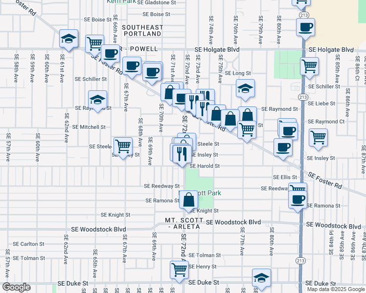 map of restaurants, bars, coffee shops, grocery stores, and more near 7142 Southeast Steele Street in Portland