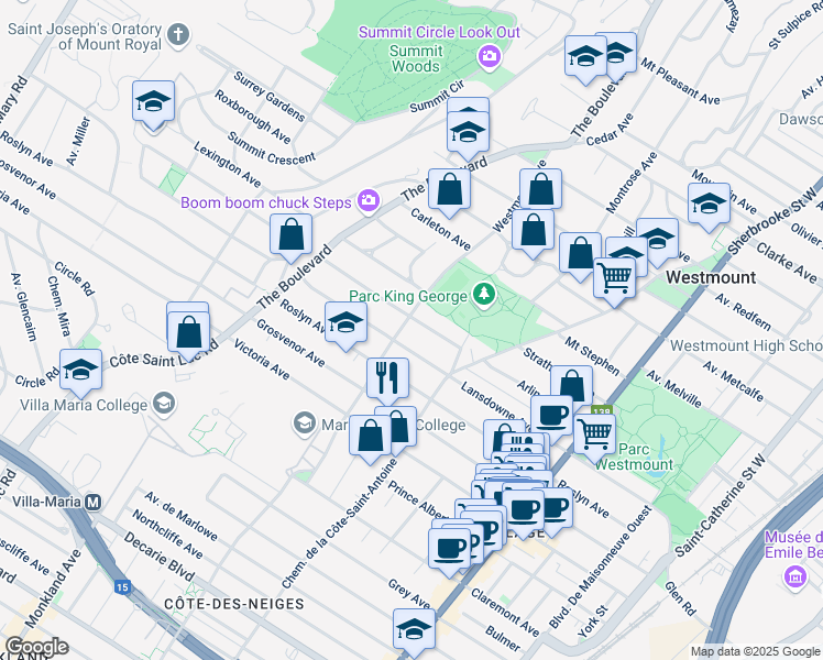 map of restaurants, bars, coffee shops, grocery stores, and more near in Westmount