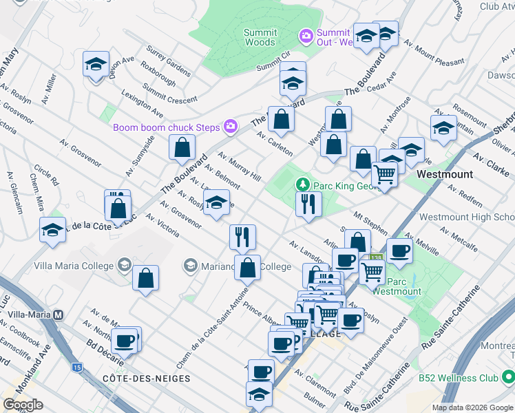 map of restaurants, bars, coffee shops, grocery stores, and more near 4690 Avenue Westmount in Westmount