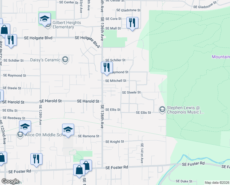 map of restaurants, bars, coffee shops, grocery stores, and more near 13806 Southeast Steele Street in Portland