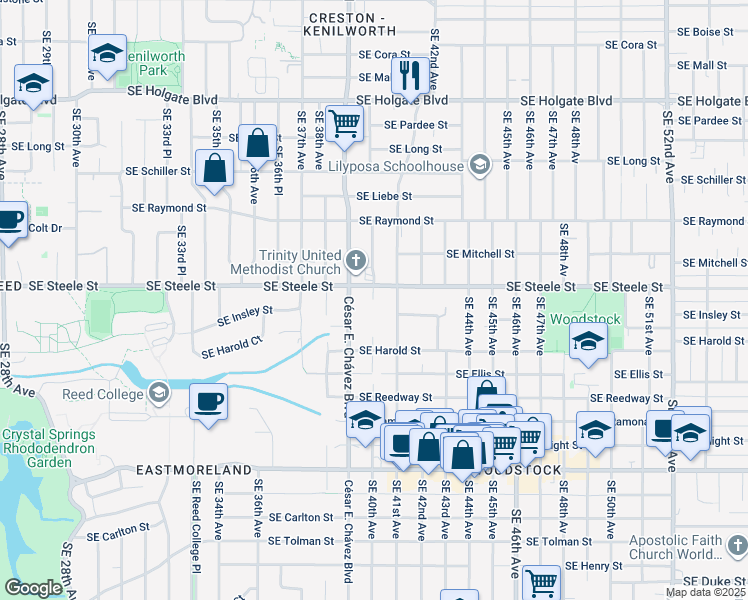 map of restaurants, bars, coffee shops, grocery stores, and more near 4005 Southeast Steele Street in Portland