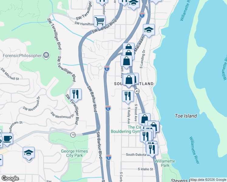 map of restaurants, bars, coffee shops, grocery stores, and more near 016 Southwest Boundary Street in Portland