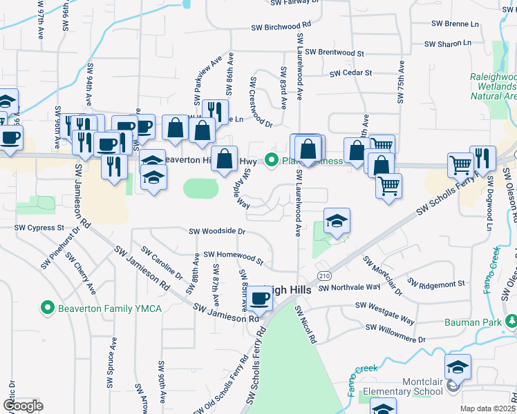 map of restaurants, bars, coffee shops, grocery stores, and more near 8350 Southwest Apple Way in Portland