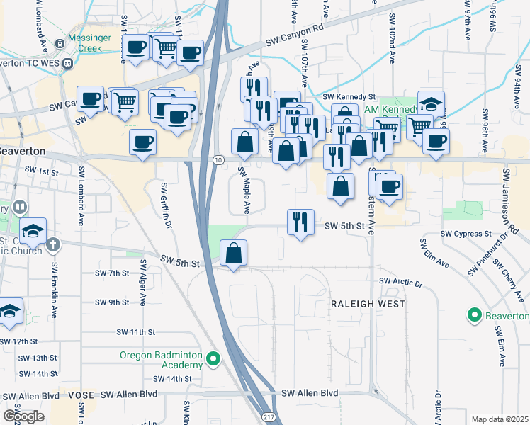 map of restaurants, bars, coffee shops, grocery stores, and more near 10865 Southwest 5th Street in Beaverton