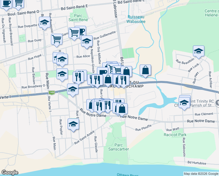 map of restaurants, bars, coffee shops, grocery stores, and more near 360 Boulevard Maloney Est in Gatineau